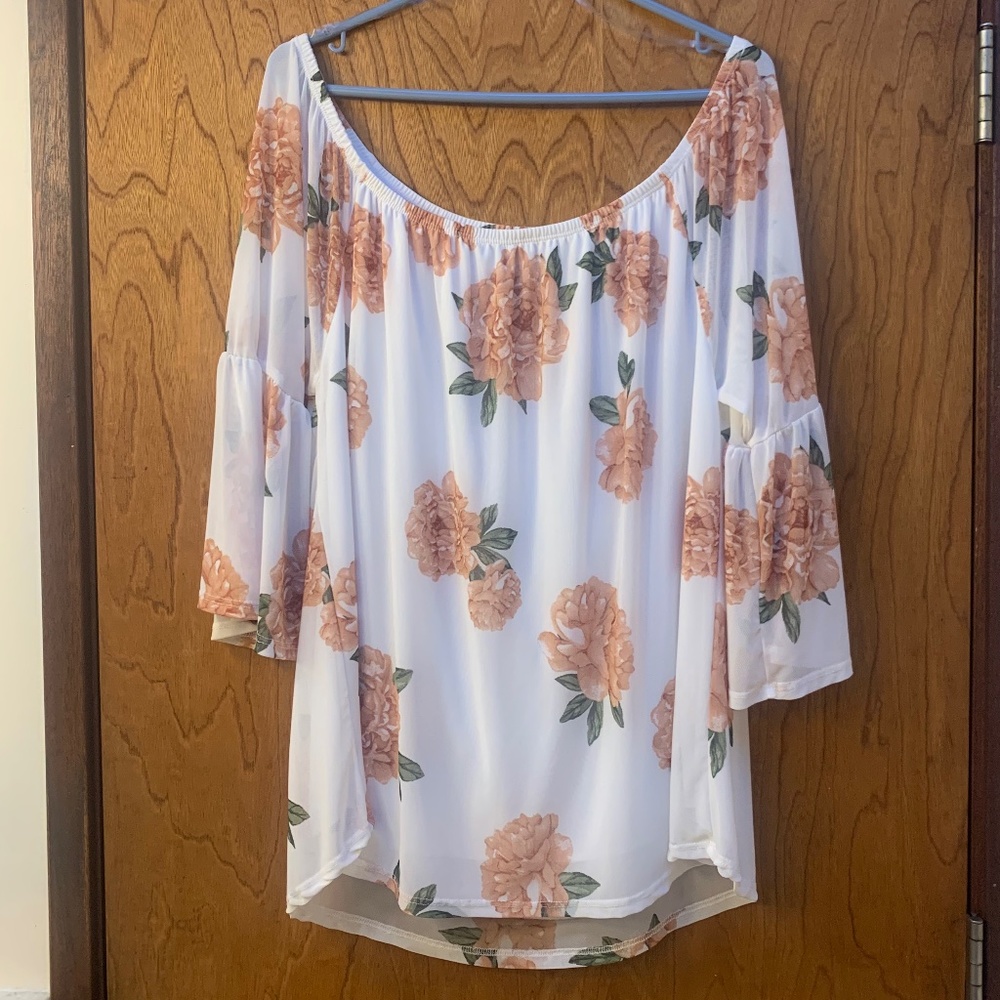 Ashley Blue Floral Print Off the Shoulder Bardot Blouse White Cream 2X